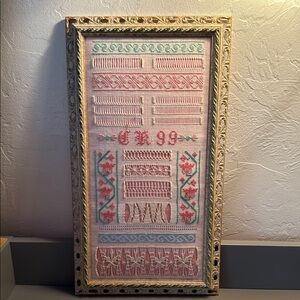 Vintage Framed Cross Stitch and Embroidery Art on Linen. Approximately 10”x17”